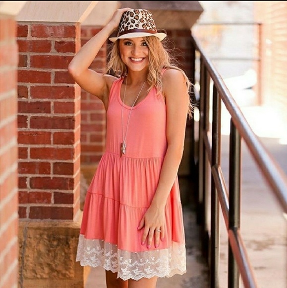 Coral Lace Trimmed Sleeveless Dress - Picture 3 of 3